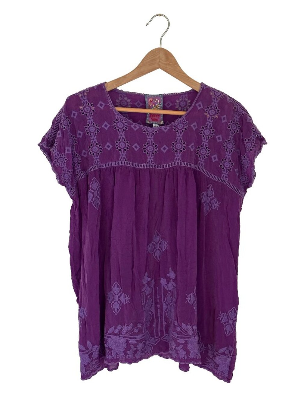 Johnny Was Purple Embroidered Eyelet Boho Blouse Crochet Trim Cupra Rayon